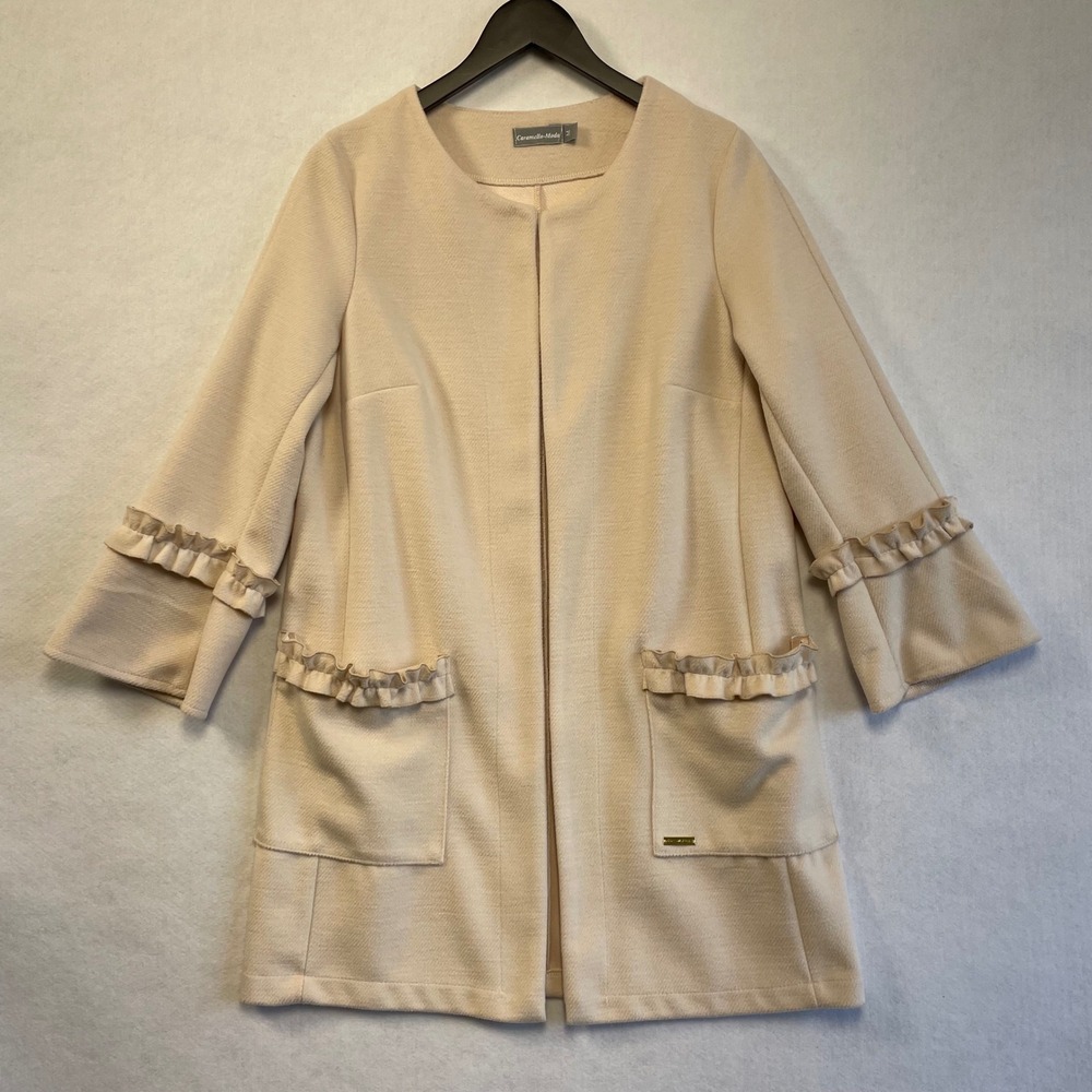 Caramella-Moda Womens Cream Mother of Bride Jacket Wool Blend Ruffle Open Size M